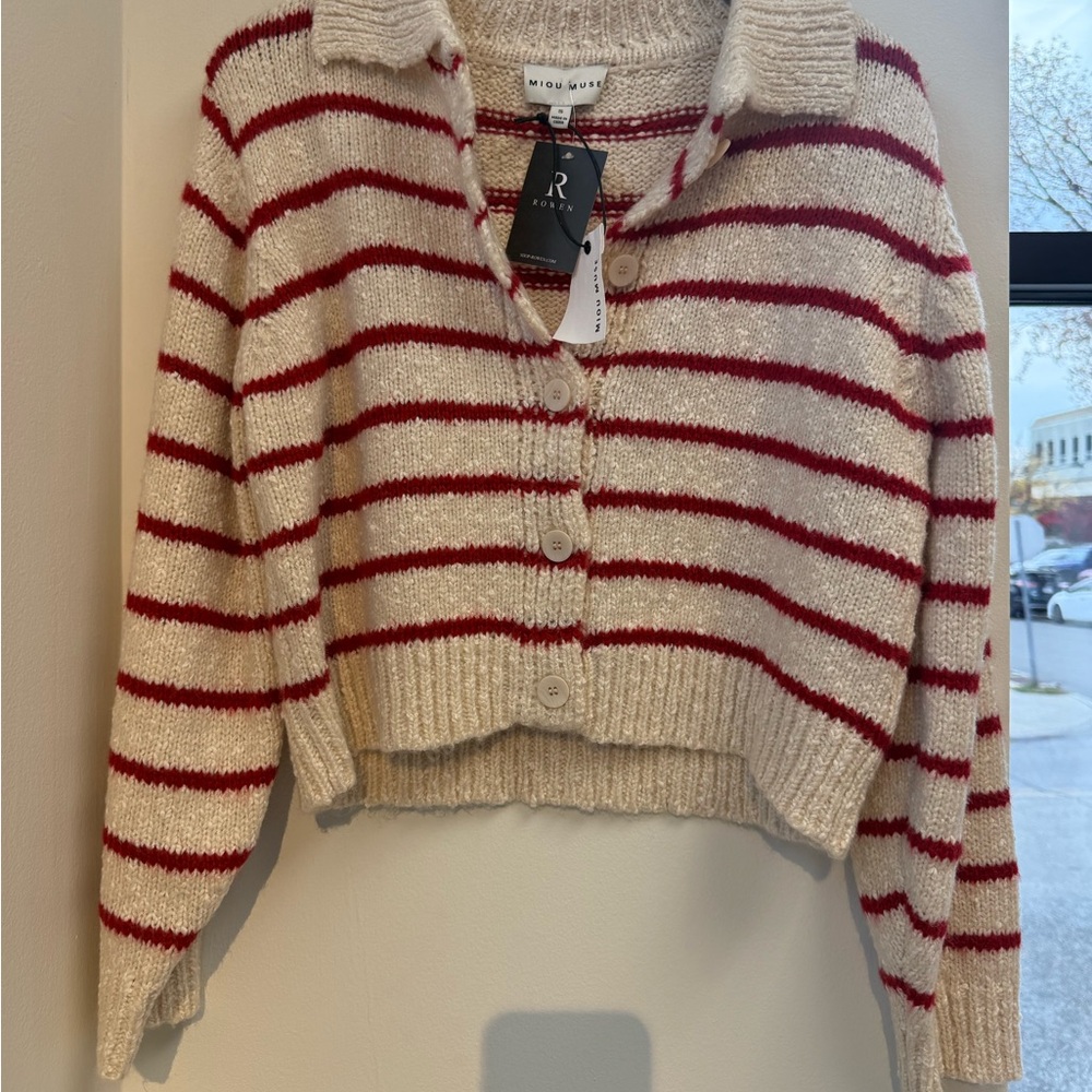 Miou Muse Red and White Striped Women's Sweater - Picture 2 of 4